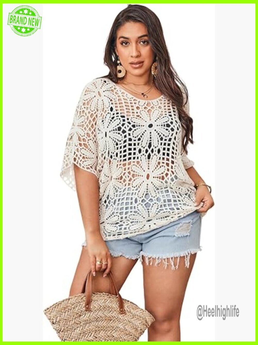Plus Size Floral Crochet Pullover Sweater Hollow Out Boat Neck Dolman Sleeve